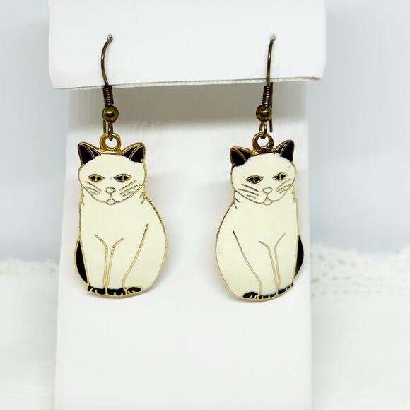 Vintage Cloisonné White Cat Dangle Earrings - Picture 1 of 5